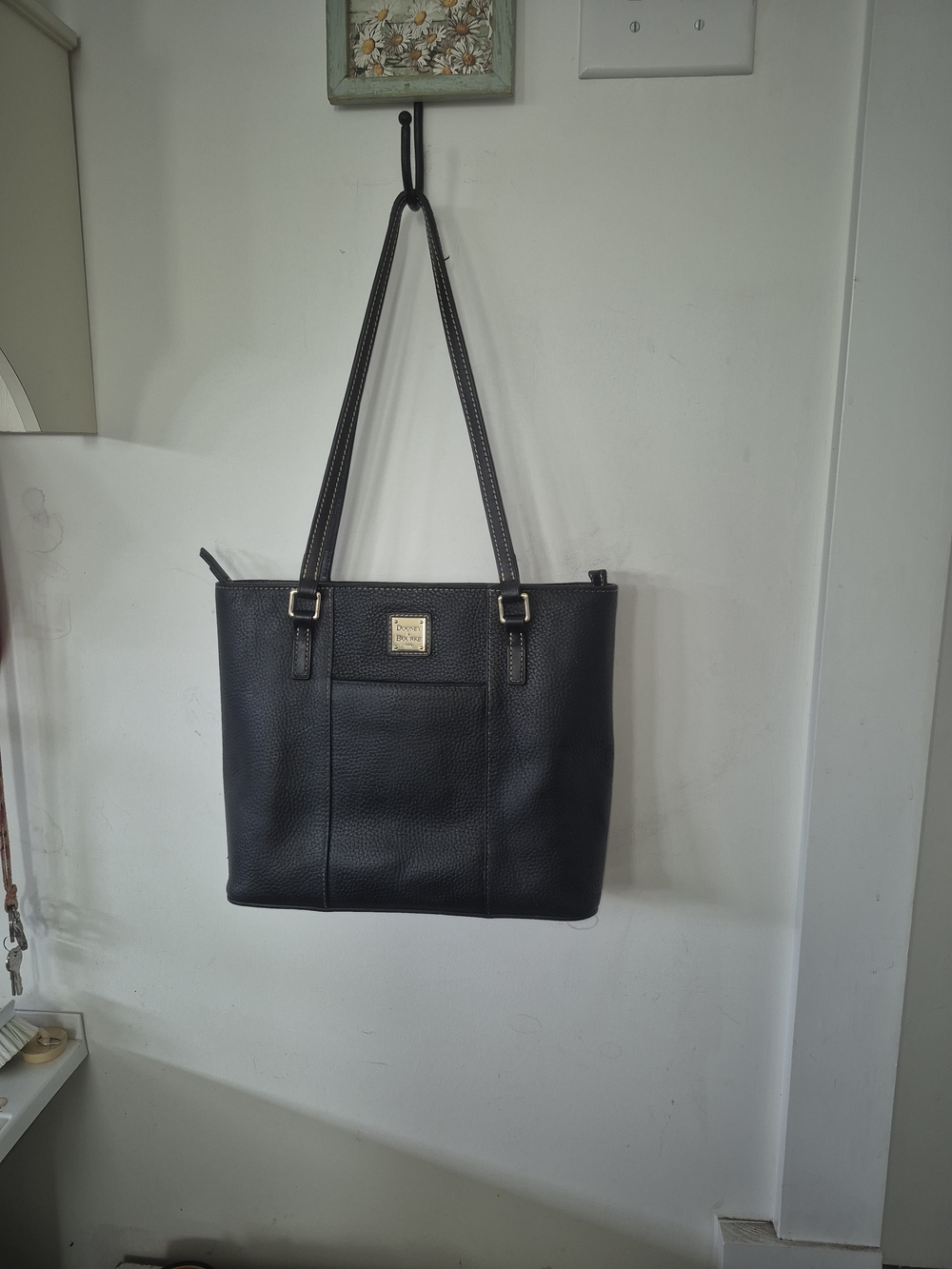 Dooney & Bourke Black Pebbled Leather Lexington Tote with Gold Plaque